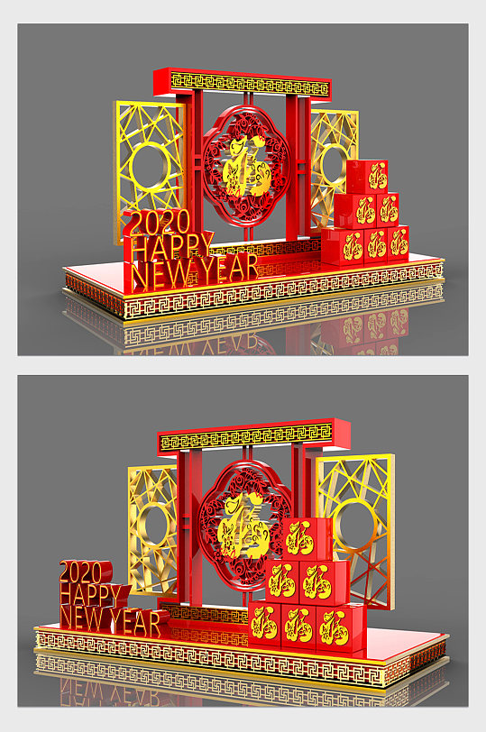 红色新年美陈雕花窗花中国风C4D模型