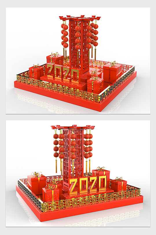 红色新年美陈灯笼礼物场景C4D模型
