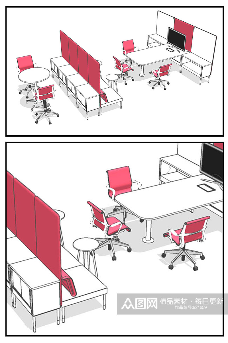办公室办公桌办公区电脑桌SU模型素材