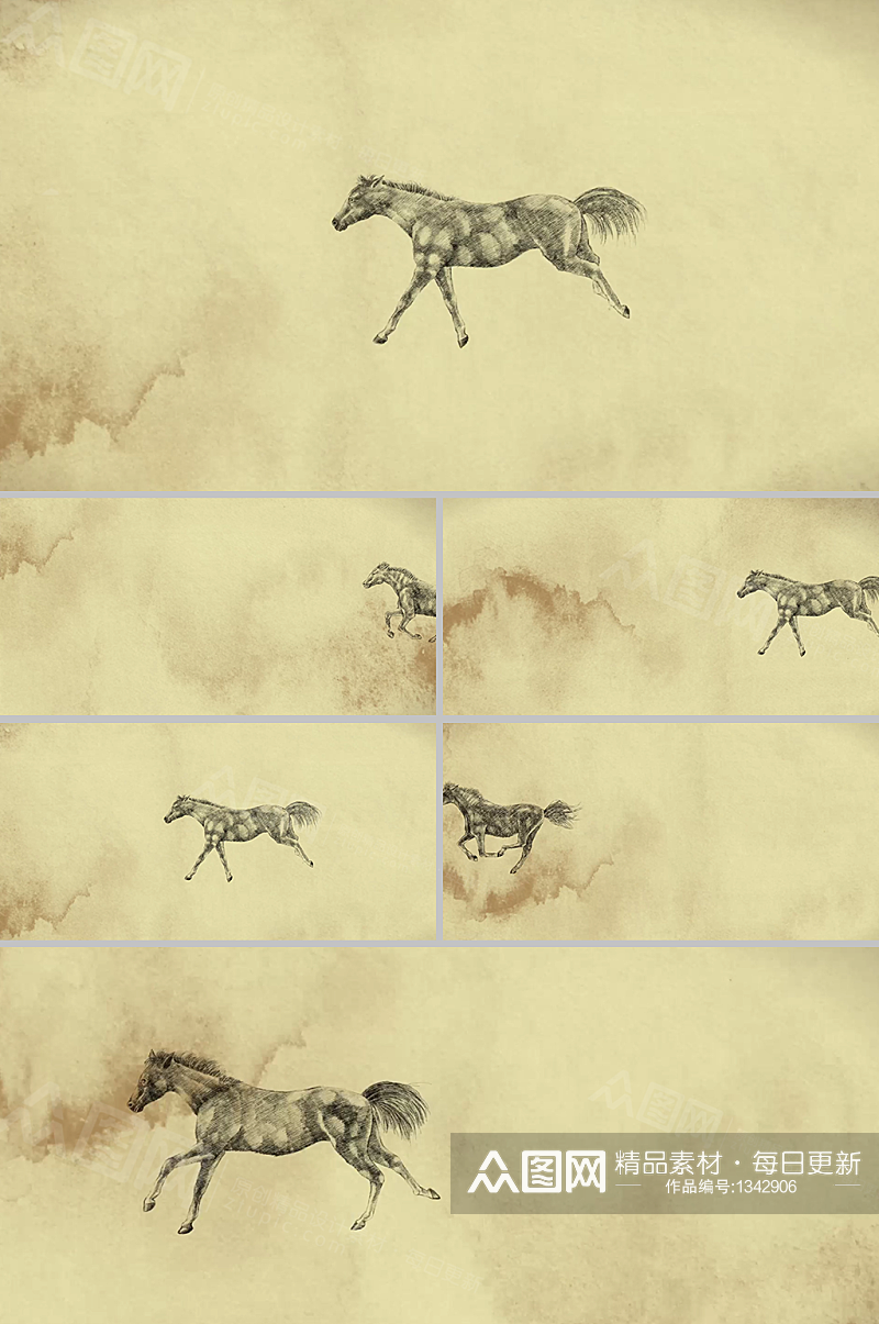 素描手绘风奔马前行动画透明通道视频素材素材