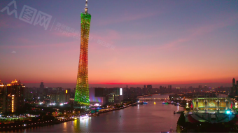 航拍广州塔黄昏落日彩灯变换唯美视频素材-众图网