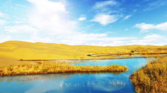 金色沙漠草原湖光嵌流云背景视频素材-众图网