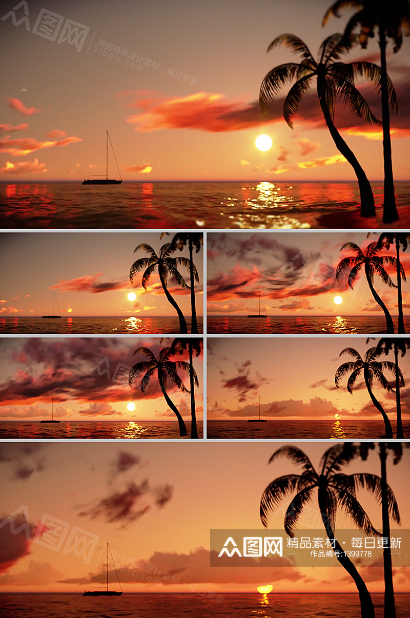 赤红夕阳下海边椰树游船唯美实拍视频素材素材