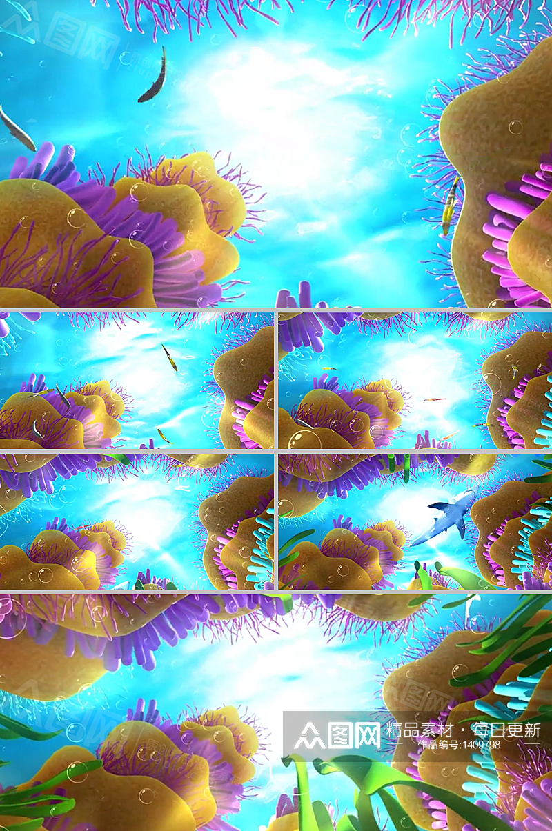仰视海底珊瑚礁石游鱼卡通动画视频素材素材