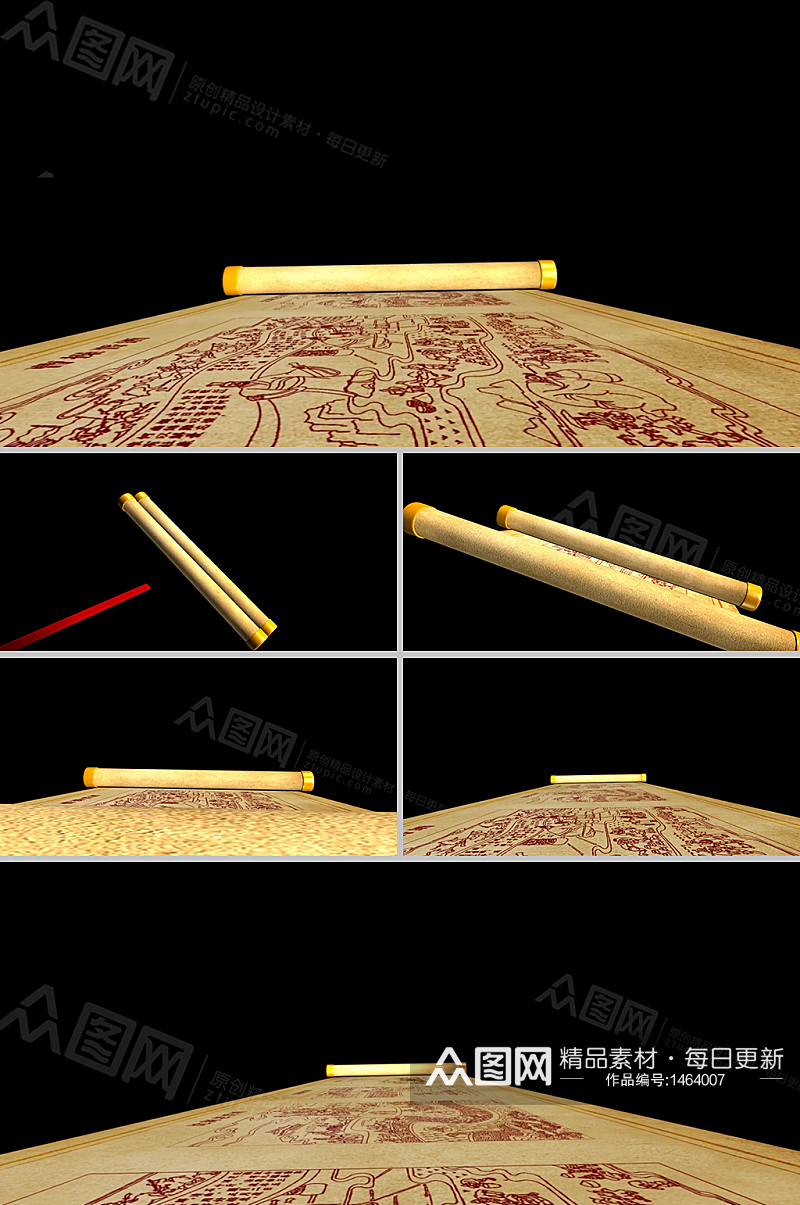 中国古风卷轴画卷铺展动画视频素材素材