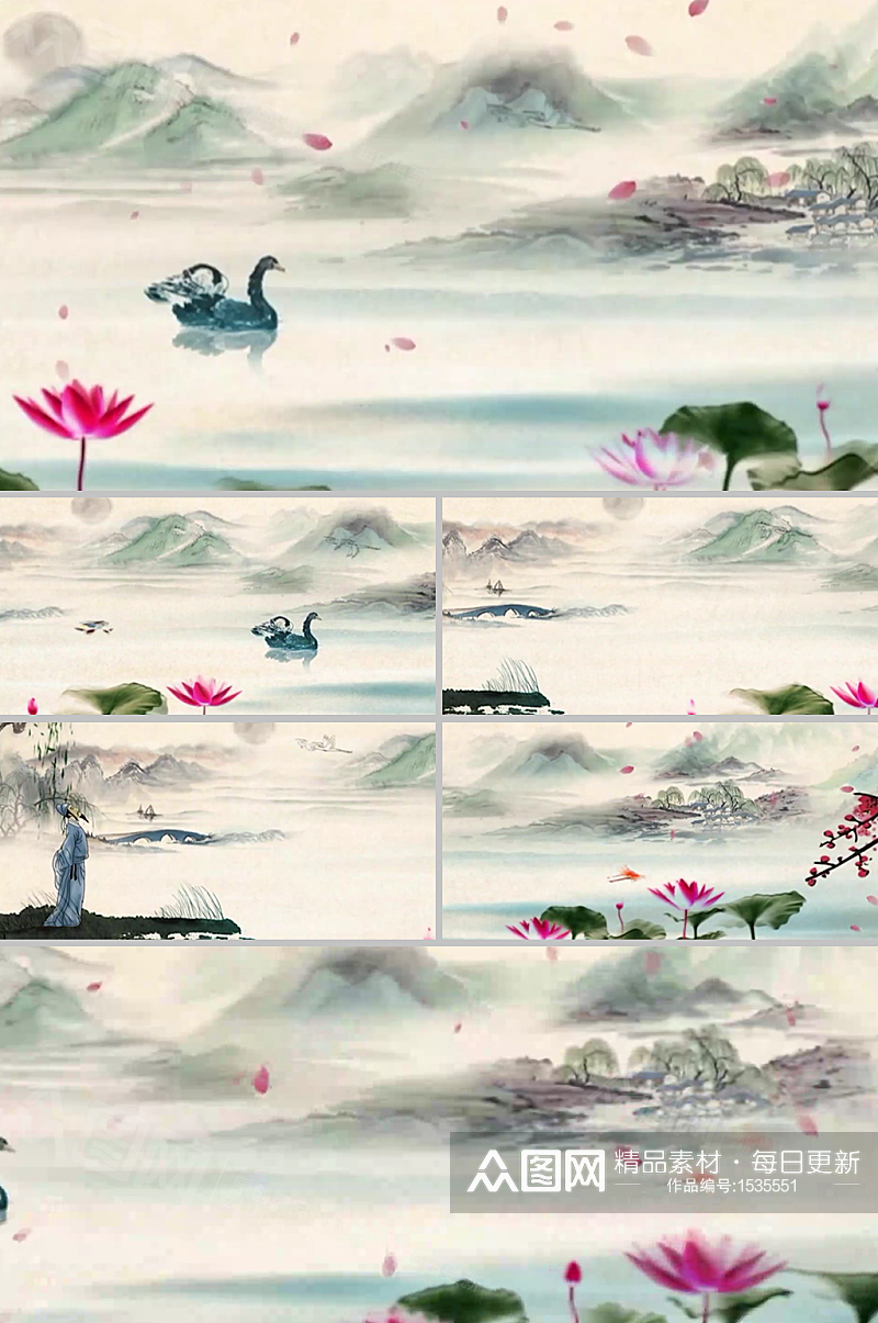 中国水墨风荷花池山水长卷动画背景视频素材素材