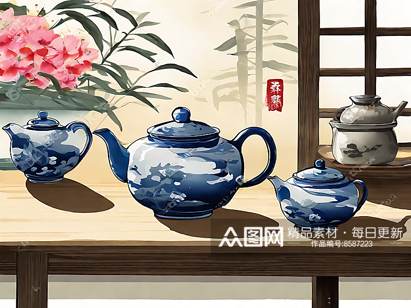 中国风茶具插画AI数字艺术素材