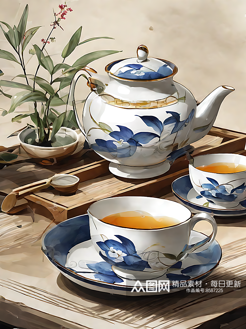 中国风茶具插画AI数字艺术素材