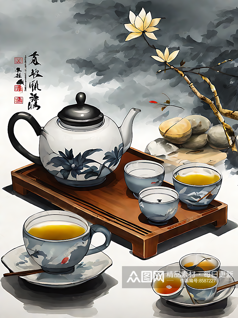 中国风茶具插画AI数字艺术素材