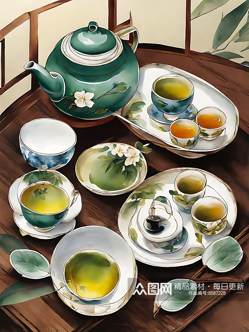 中国风茶具插画AI数字艺术素材