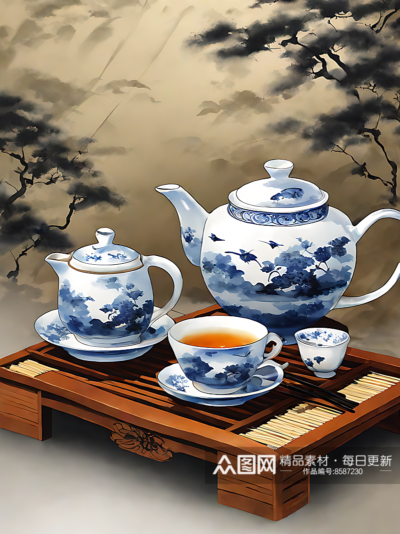 中国风茶具插画AI数字艺术素材