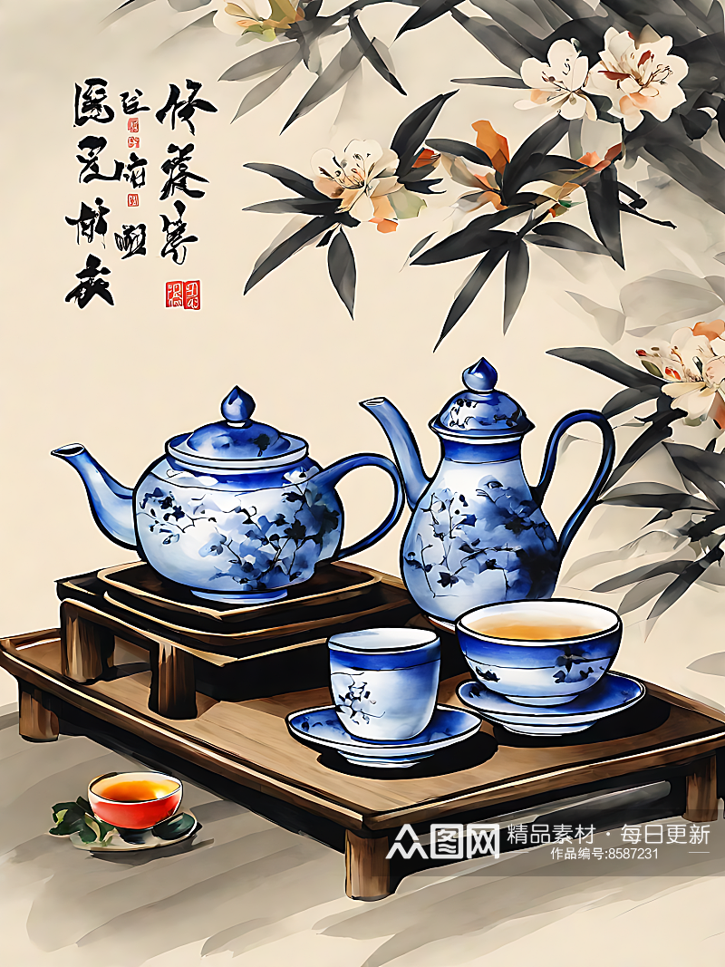 中国风茶具插画AI数字艺术素材