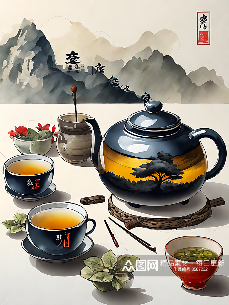 中国风茶具插画AI数字艺术素材