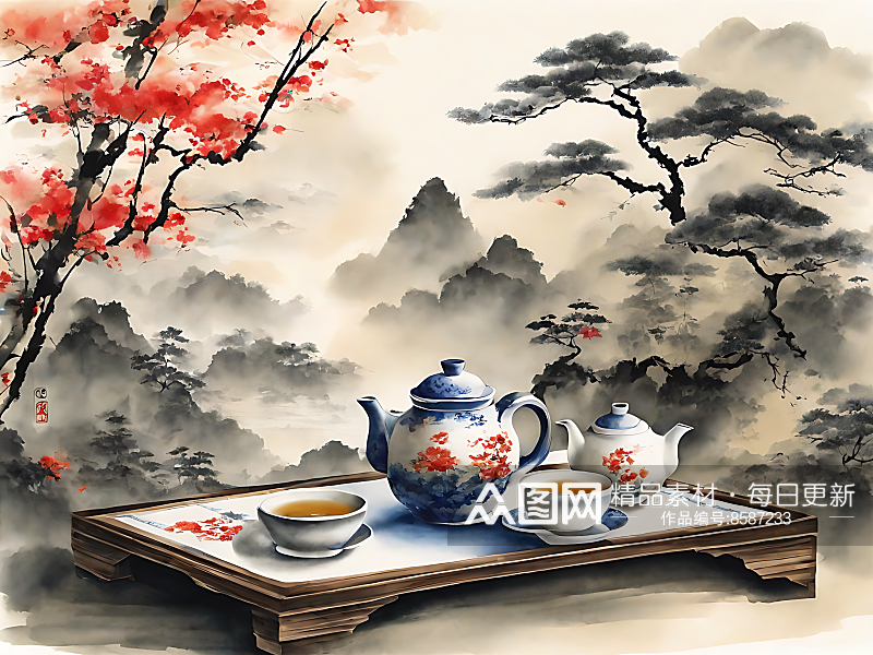 中国风茶具插画AI数字艺术素材