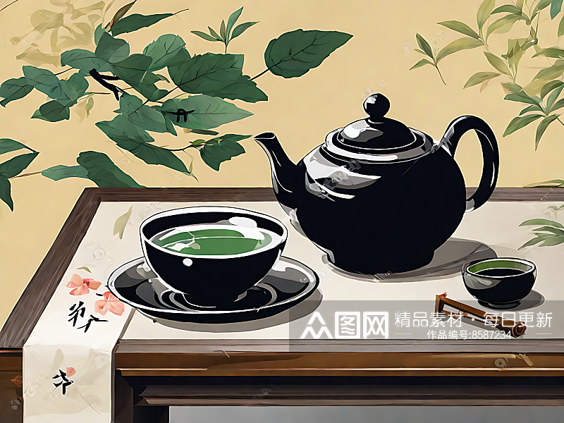 中国风茶具插画AI数字艺术素材