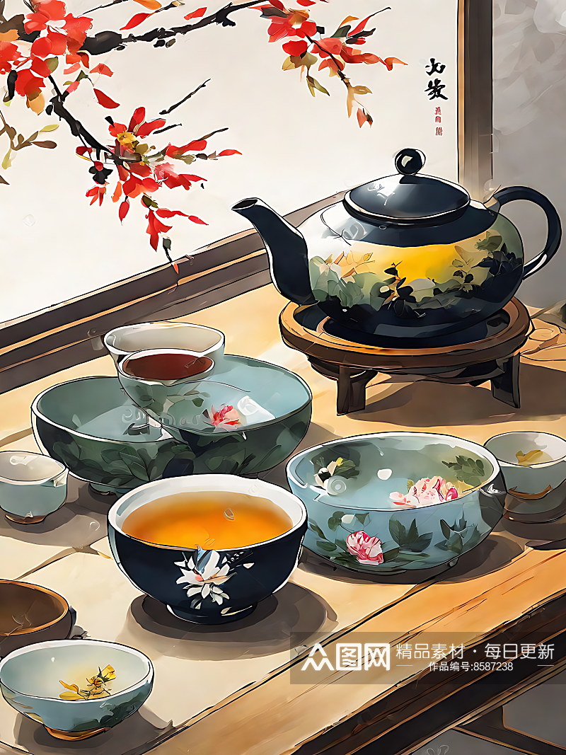 中国风茶具插画AI数字艺术素材