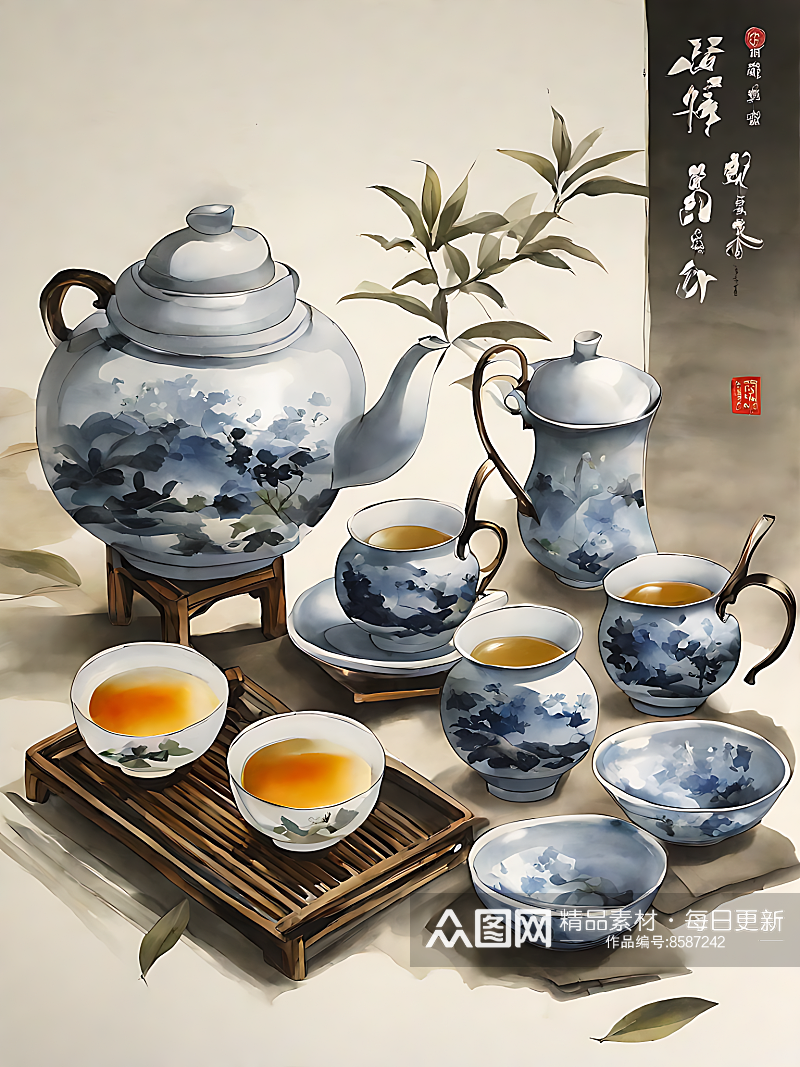 AI数字艺术中国风茶具插画素材