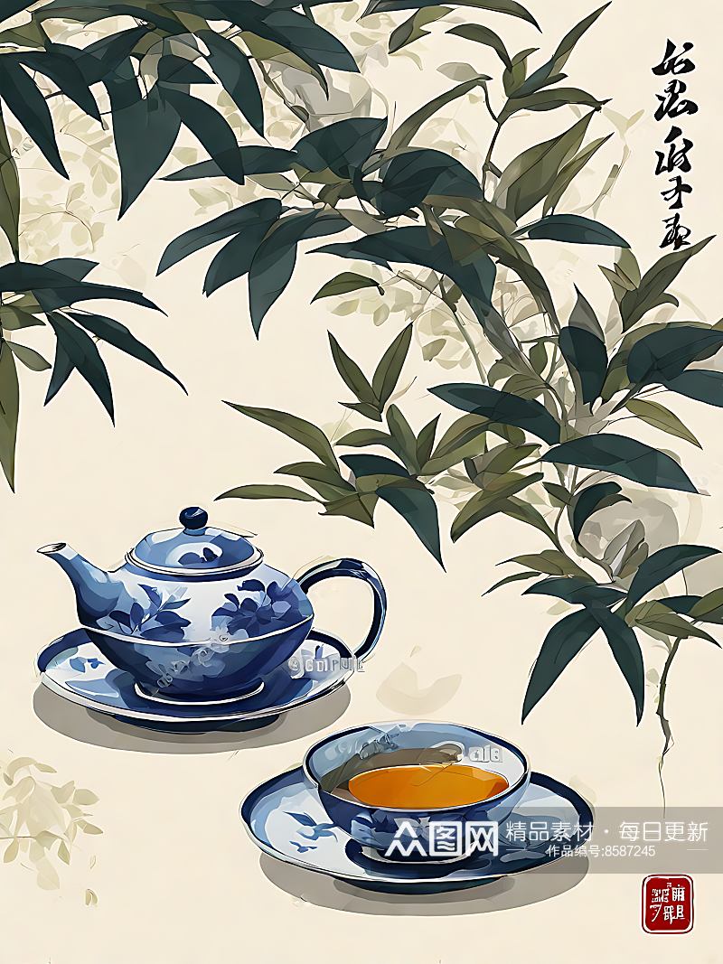 AI数字艺术中国风茶具插画素材