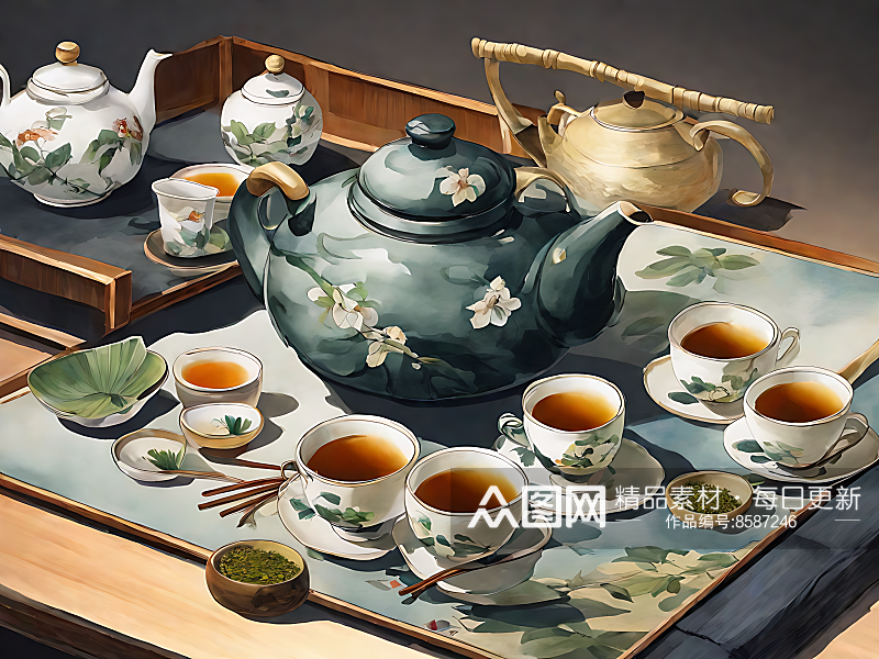 AI数字艺术中国风茶具插画素材