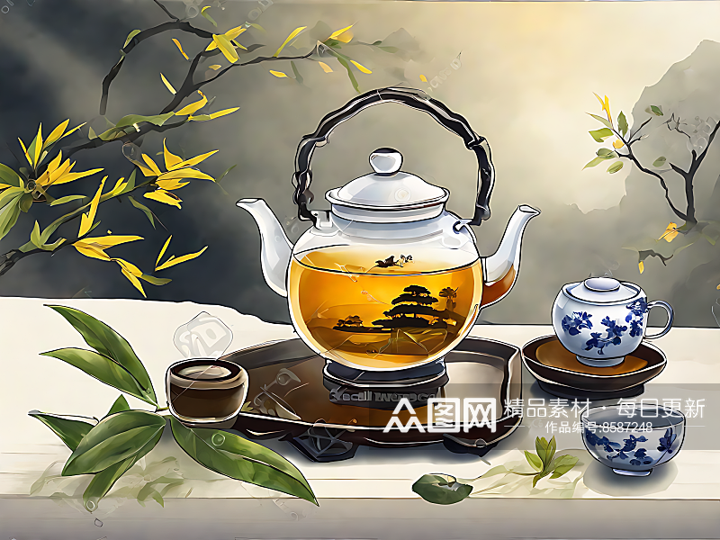 AI数字艺术中国风茶具插画素材