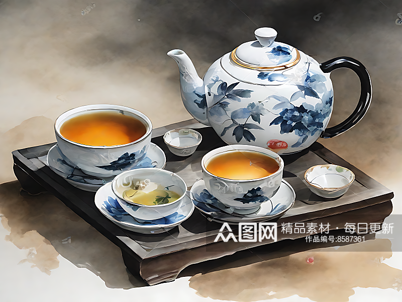 AI数字艺术中国风茶具插画素材