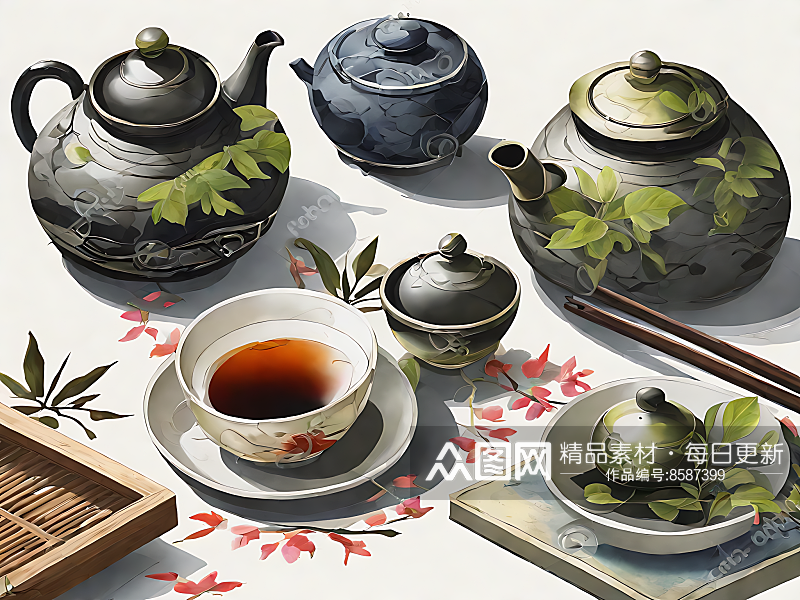 中国风茶具插画AI数字艺术素材