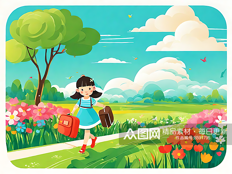 拿行李走在花园里的女孩插画AI数字艺术素材