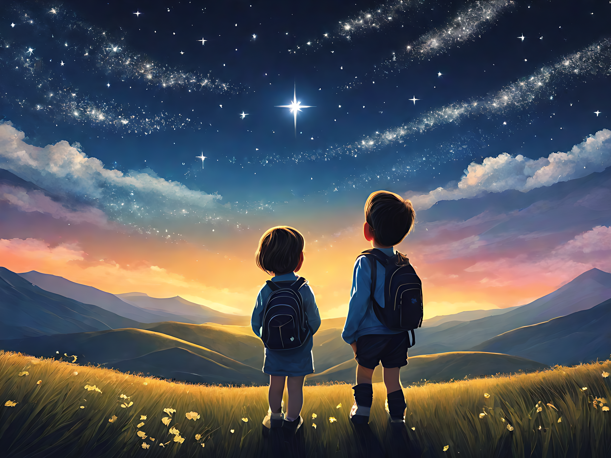 山野里仰望星空的小孩插画AI数字艺术素材