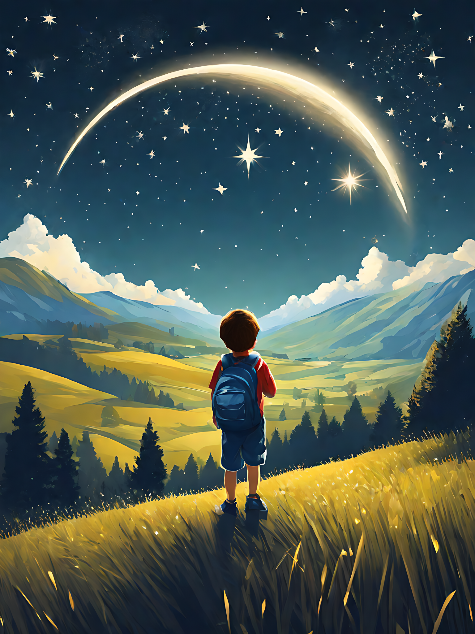 山野里仰望星空的小孩插画AI数字艺术素材