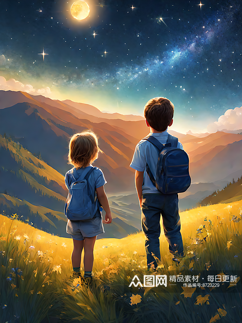 山野里仰望星空的小孩插画AI数字艺术素材