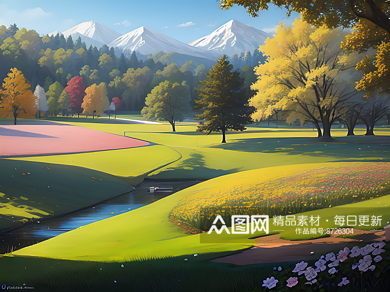 春天的森林公园一角风景插画AI数字艺术素材