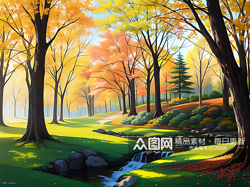 春天的森林公园一角风景插画AI数字艺术素材
