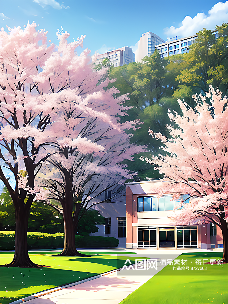 春天的校园风景插画AI数字艺术素材