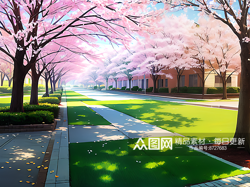 春天的校园风景插画AI数字艺术素材
