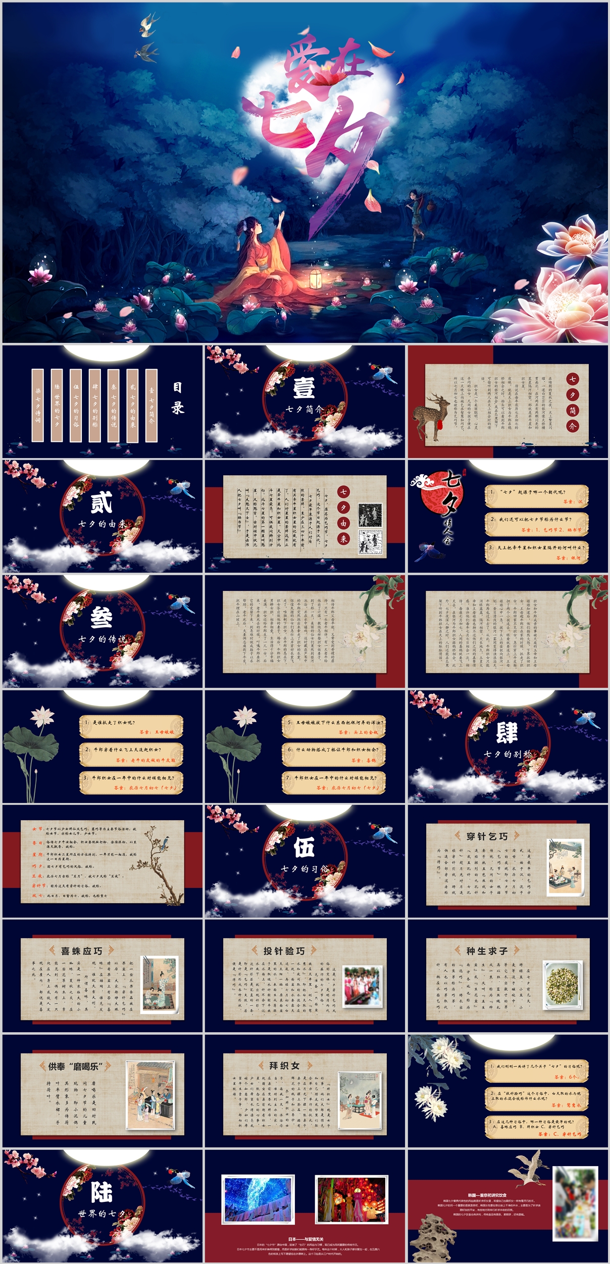 深蓝中国风七夕节日PPT模板素材