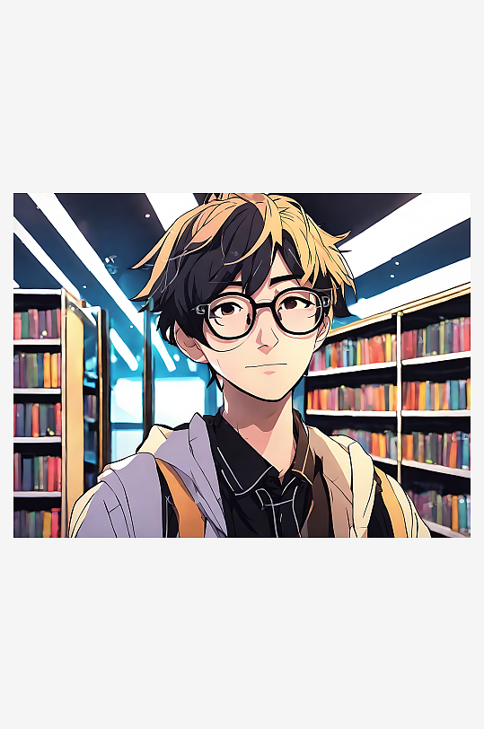 AI数字艺术动漫风戴眼镜的男学生