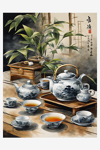 中国风茶具插画AI数字艺术