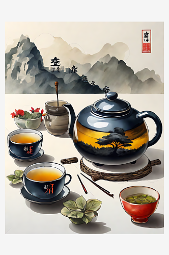 中国风茶具插画AI数字艺术