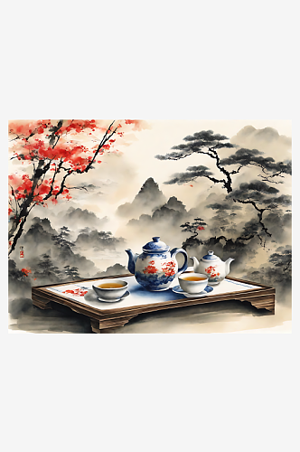 中国风茶具插画AI数字艺术