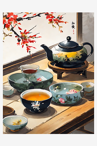 中国风茶具插画AI数字艺术