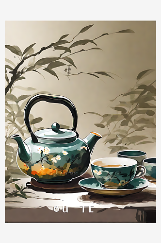 中国风茶具插画AI数字艺术