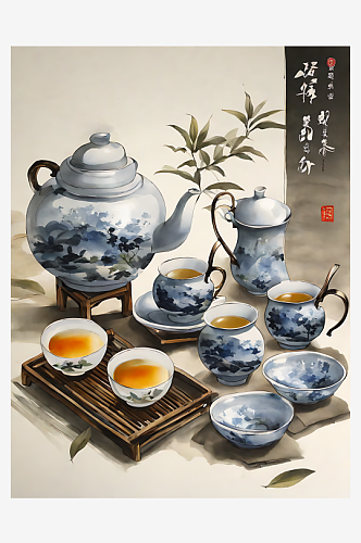 AI数字艺术中国风茶具插画