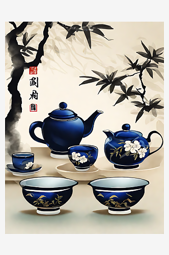 AI数字艺术中国风茶具插画