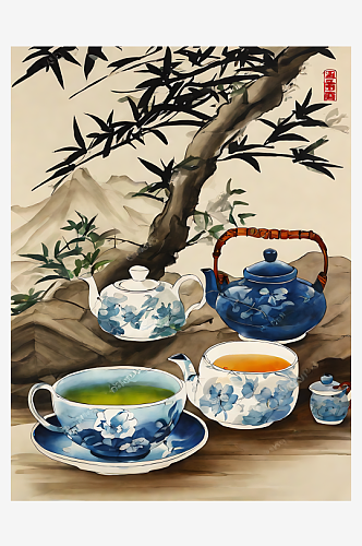 中国风茶具插画AI数字艺术