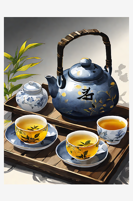 中国风茶具插画AI数字艺术