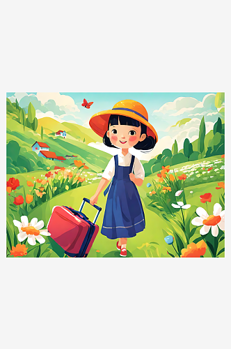 拿行李走在花园里的女孩插画AI数字艺术