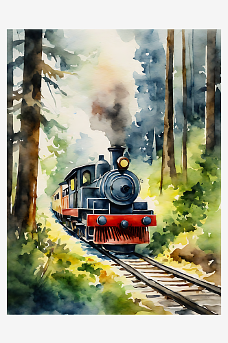 行驶在森林里的小火车水彩手绘AI数字艺术