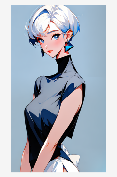 蓝色背景动漫风模特AI数字艺术