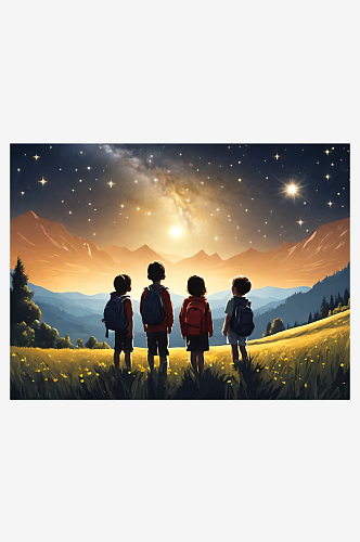 AI数字艺术山野里仰望星空的小孩插画