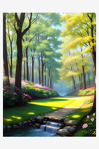 春天的森林公园一角风景插画AI数字艺术